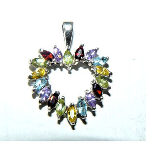 Multi 18 Gemstone Heart Pendant 925 Sterling Silver Vermeil Vtg Chakra RS Mark
